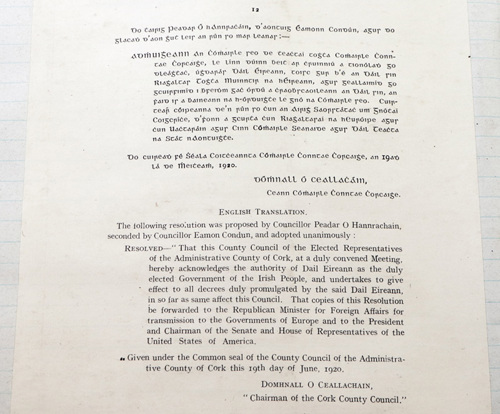 Resolution of allegiance to Dail Eireann by Cork County Council, June 1920