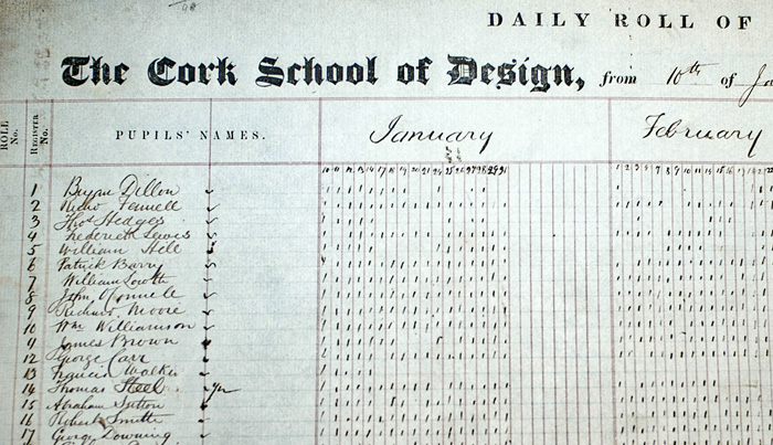 Cork School of Design rollbook 1856 Cork School of Design rollbook 1856